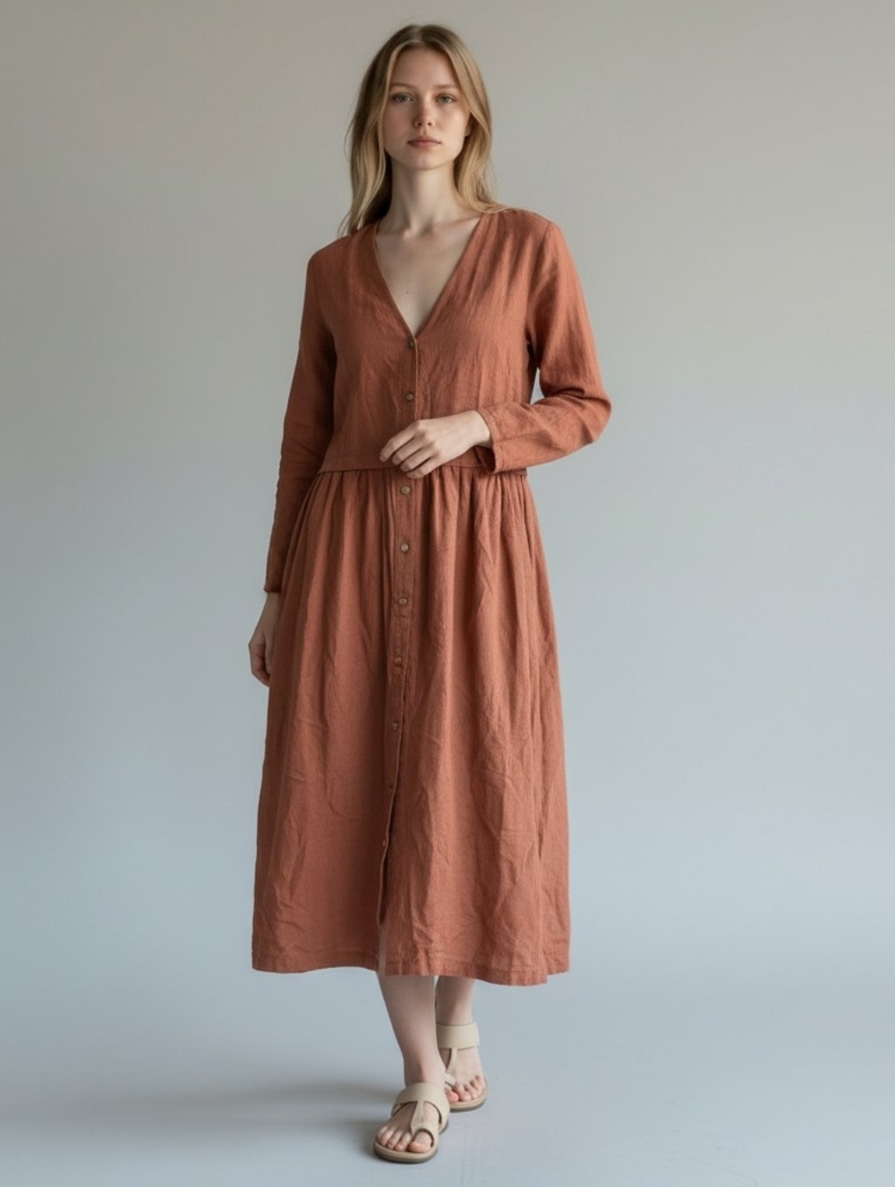 Eileen Fisher Terracotta Long Button-Front Layered Jacket Dress